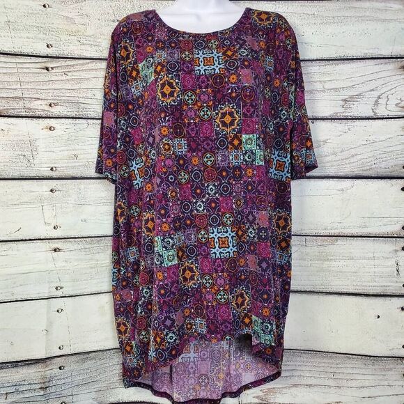 LuLaRoe Carly Tunic Dress Women’s M Purple Mosaic Print High Low Hem - Picture 1 of 6